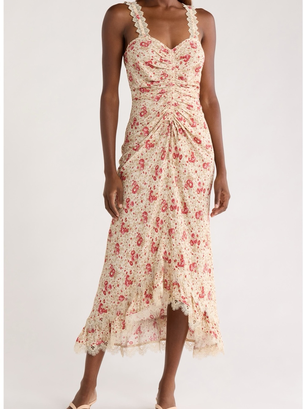 Cinq a Sept Stevie Ruched Dress - Cream Midi Dress with Pink Floral Accents
